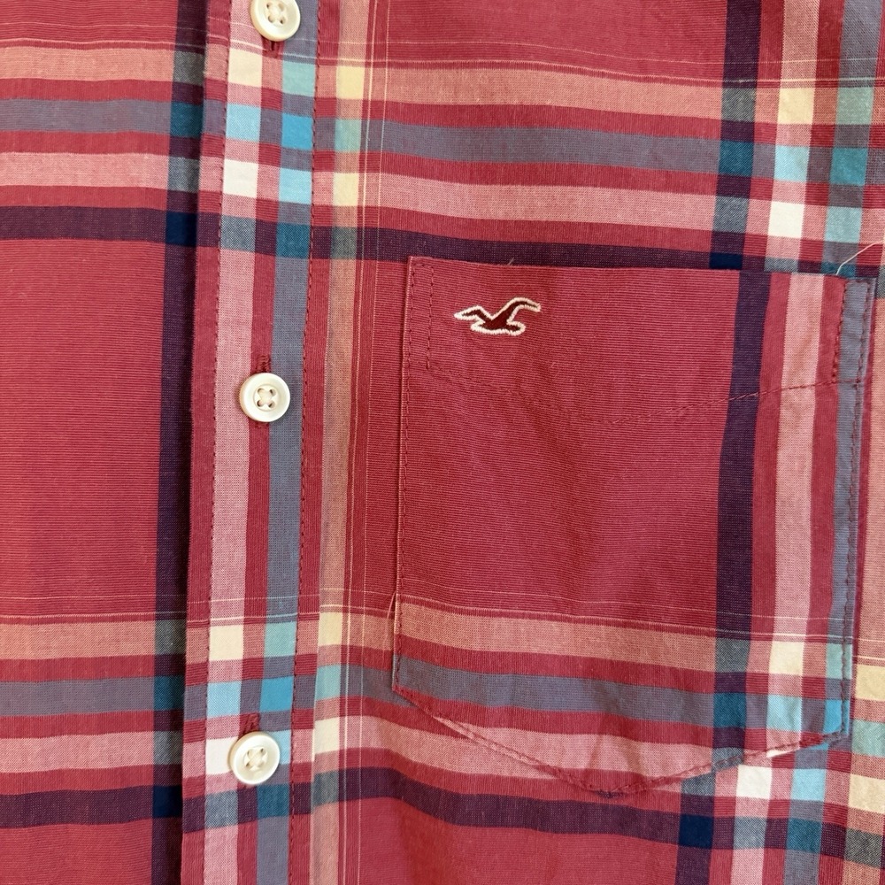 Hollister Men's Button down Shirt Pink Plaid Blue Cotton Long Sleeve Size S